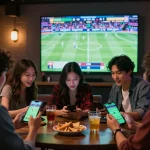 Friends engaging in sports betting on smartphones, enjoying the excitement of five888 sports events.