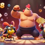 Experience immersive gameplay with LODE88, featuring a dynamic sumo wrestler, samurai cricket, and announcer in a vibrant casino scene.