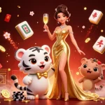 NAGALANGIT88 showcases an engaging scene of excitement with a glamorous woman and a lucky tiger amidst gaming excitement.