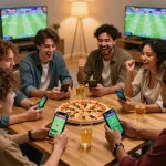 Friends enjoying live sports betting on xoilactv39 with excited reactions and mobile apps.