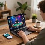 Player engaging in online gaming at KK55 with live dealer, showcasing a modern home gaming setup