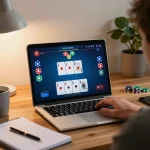 Player strategizing in an online poker game on laptop, immersed at home, featuring 79king