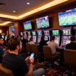 90P sports betting enthusiasts in a vibrant casino, analyzing odds and celebrating wins