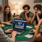 Players engaging in online gaming with SSBet77 on a laptop during a cozy home gathering