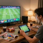 Excited player placing bets on go88 sports app during live game, vibrant home setting.