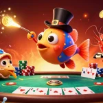 Berinteraksi dengan aplikasi h03 saat ikan pemancing menarik koin dalam suasana kasino yang cerah.