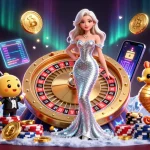 Engage with GA88's vibrant casino scene featuring a glamorous woman, roulette, and crypto coins.