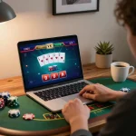 i9bet player engaging in live dealer blackjack on laptop, showcasing strategic gameplay