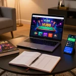 Engaging online gambling scene with VU88 gaming platform visible on a laptop screen, showing strategic gameplay.