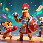 Experience excitement at hitclub-net with a vibrant scene of gaming adventure showcasing a rooster and tiger in a dynamic casino environment.