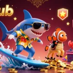 Engage in hitclub games surrounded by colorful characters, gold coins, and arcade elements.