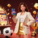 Experience fabet sports betting excitement with a vibrant Asian woman showcasing a betting app amidst lively casino elements.