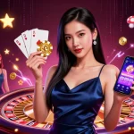Dabet casino promotional illustration showcasing a stylish Asian woman with a smartphone in a game-rich environment.