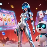 Engage with MANTRATOTO's immersive gaming experience featuring a stunning woman and a robot dog.
