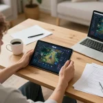 Engaged player enjoying online gaming on rikvip through tablet with strategies notes nearby.