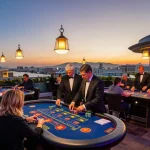 Players enjoying roulette at HITCLUB casino, vibrant sunset over city skyline