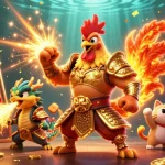 Experience the excitement of max88 with the vibrant rooster warrior and dragon amid jackpot winnings.