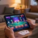 Playing blackjack on a tablet in a cozy home setting while exploring cổng game Rikvip