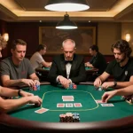 sc88 poker players strategizing in an upscale casino environment