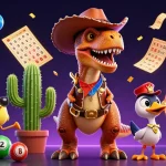 Engaging DEBET-themed scene with a cartoon dinosaur, cactus, and roadrunner in a vibrant casino atmosphere.