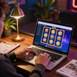 Player engaging with ALO8 online casino interface while sipping coffee and strategizing gameplay.