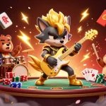 LUWAKPOKER's electrifying casino scene showcases a rock star wolf and drummer bear entertaining with poker elements.