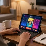 KONG88 users enjoying online casino gaming on tablet with strategy notes at home