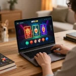 Playing with the HITCLUB app on a laptop in a cozy home, engaging with exciting casino games.
