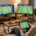 Person placing a bet on SC88E app while enjoying a live sports match at home