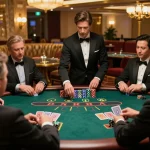 Winning moment at a blackjack table in a luxury casino, showcasing 23 win strategy in action.