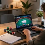Engaging in a TOPBET online poker game, showcasing gameplay interface and strategic bankroll management.