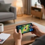 Player enjoying SC88 VN mobile app for online gaming in a cozy living room setting.