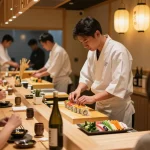 Chef at RED88 creating sushi rolls in a vibrant restaurant setting