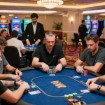 Players engaged in a high-stakes poker game at VA88 casino, showcasing excitement and strategy.