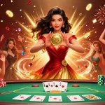 Play and win with luck8s at an exciting casino scene featuring a stunning Asian woman and dynamic poker elements.