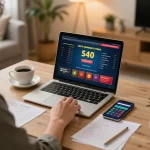 Player enjoying strategic gameplay on fly88 casino platform from home office.