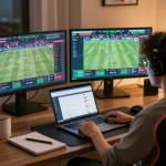Person using the vua88 betting app on multiple screens during a live sports event.