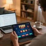 Engaged player using FO88 app on tablet, surrounded by betting notes and coffee, illustrating responsible online gaming