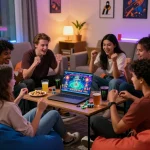Group enjoying TOP88 online gaming in cozy living room with snacks.