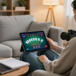 GEM88 user engaging with online blackjack on tablet in a cozy home setting.