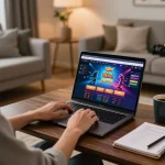 Engaging in online gaming on the 8kbet platform from a cozy living room with stylish decor.