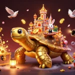 Engage with Nhà cái hitclub, full of vibrant casino activity featuring a golden tortoise and a rabbit dealer.