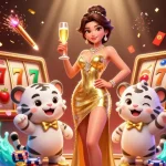 Play exciting slots at uk88 with a glamorous woman and a lucky tiger amidst golden coins and vibrant elements.