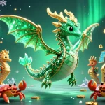 在tg官网体验兴奋，生动的插图展示了一条海龙与赌场宝藏，捕捉了赌博的刺激感。