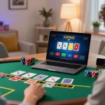 Player enjoying blackjack online at 88xx casino, focusing on strategy with visible chips and cards.