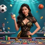 Experience an immersive online casino atmosphere with a confident woman at a VIP table, surrounded by gaming elements.