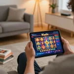 Kwin player enjoying an online slot game on a tablet, capturing the thrill of digital gambling.