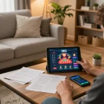 Player engaging with the 566 app on a tablet for online casino gaming, showing strategic notes and alerts