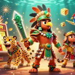 Experience the excitement of 33win with a dynamic scene of jackpot glory, featuring Aztec warriors and casino elements.