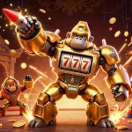 Engage with Tx88 in an exciting casino scene featuring a golden gorilla mech and vibrant game elements.